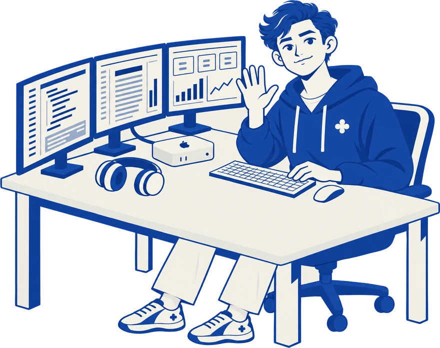 Oliver at his desk, waving, next to the Mac mini that is always on.