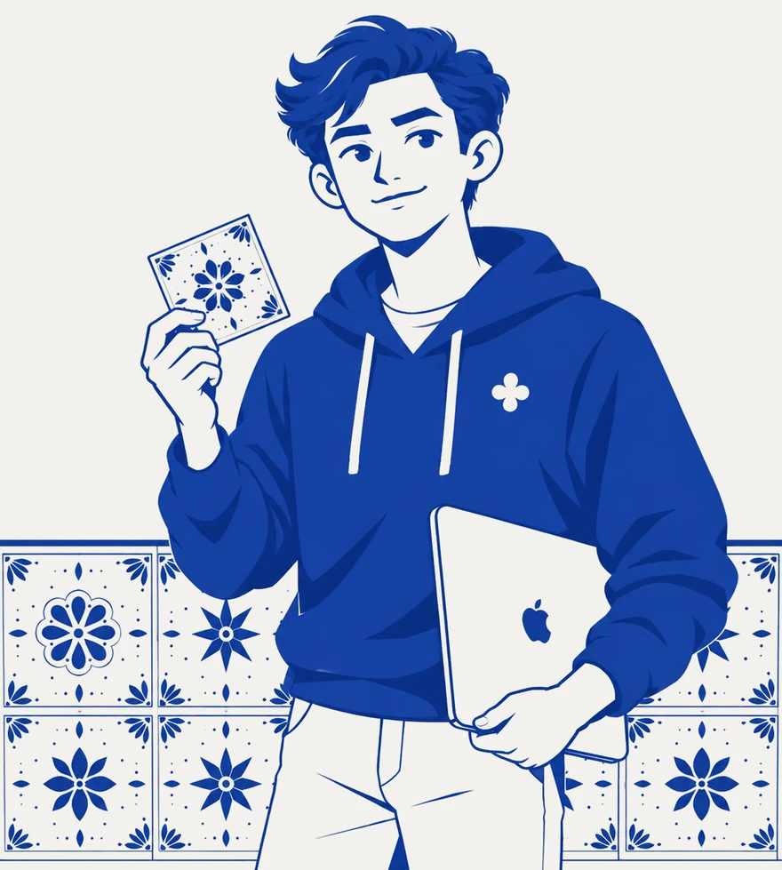 Oliver in a hoodie, smiling, holding up a Talavera tile in one hand and a laptop under the other arm, in front of a tiled wall.